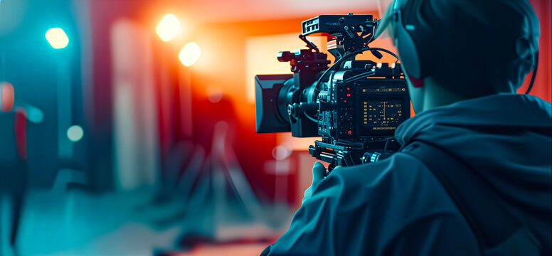 A man is shooting a video. Video operator with camera. Videography and Filming concept. Video camera operator working with his equipment