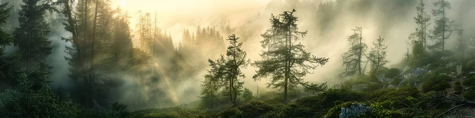 Keuken spatwand met foto fog in the forest landscape. © Yahor Shylau 