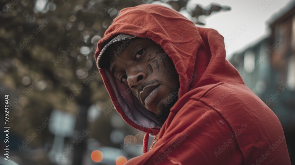 Aufkleber a man in a red hoodie looking directly at the camera. suitable for various concepts and projects
