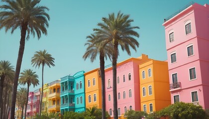 Fototapeta na wymiar colorful buildings with palm trees 