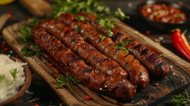 Egyptian dish Mombar sausages, on a wooden board.