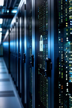 Close-up on server rack with padlock icon, concept of cybersecurity and data protection. Zoomed in view of a secure server rack with a glowing lock symbol indicating robust data security measures