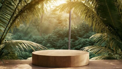 product presentation with a wooden podium set amidst a lush tropical forest enhanced by a vibrant...