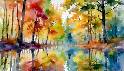watercolor landscape multicolored forest trees with colorful leaves artistic vision of autumn...