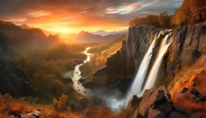 fantasy landscape with waterfalls panorama generative ai
