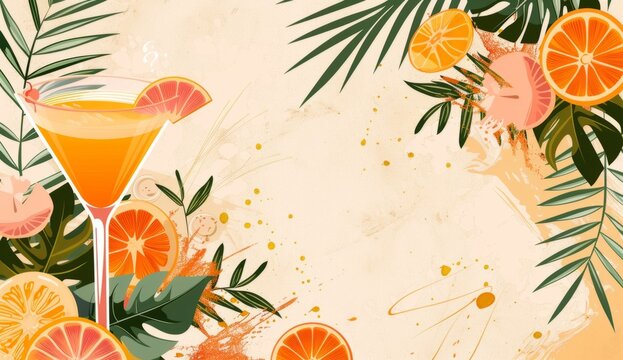 Tropical cocktail party banner template with an illustration of tropical leaves and orange and pink palm leaves on a beige background Generative AI