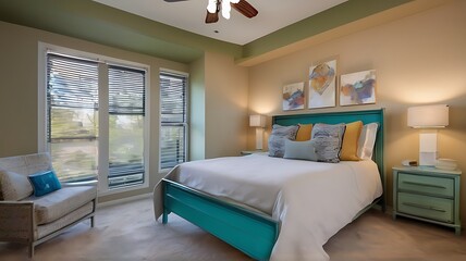 Vibrant and lively bedroom with a large bed, two nightstands, a chair, and a ceiling fan