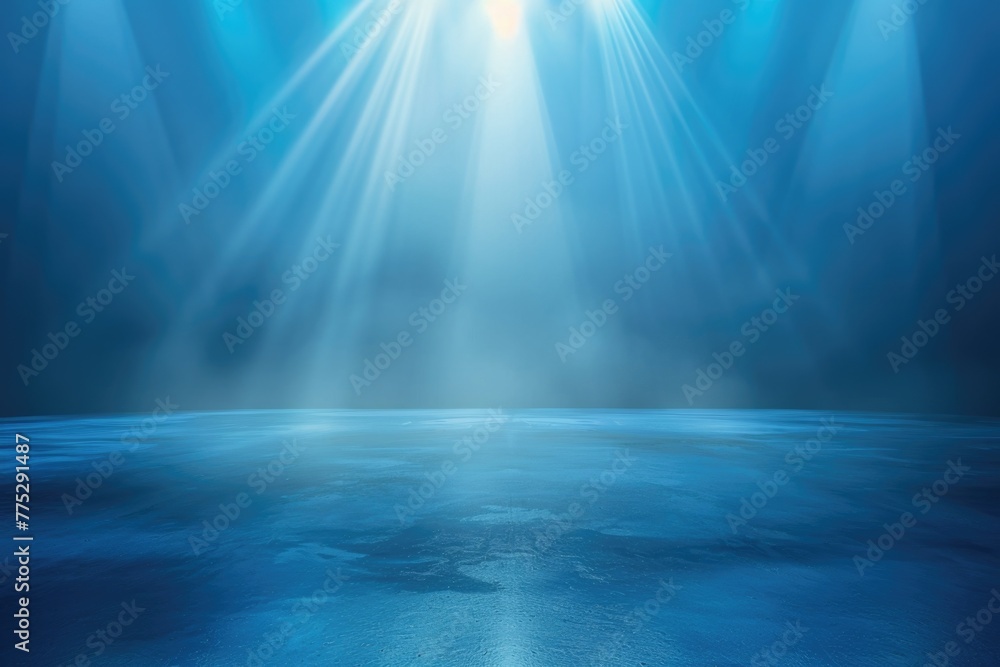 Poster an empty stage with blue lights and a bright beam of light. perfect for concert or performance conce