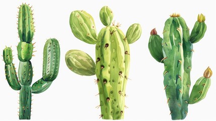 Vibrant watercolor painting of a group of cactus plants. Perfect for botanical illustrations or desert-themed designs