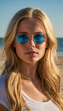 beautiful young woman wearing sunglasses and white shirt on the beach