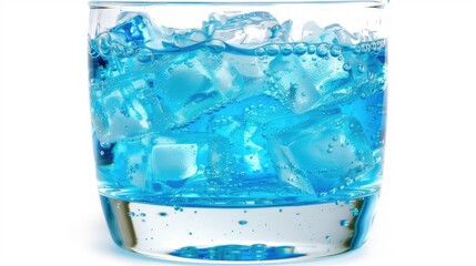 A drinkware product filled with azure drinking water and ice cubes