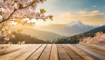 springtime blossoms with majestic mountain views from a wooden deck background design template space to copy banner setting for product display cover image - obrazy, fototapety, plakaty