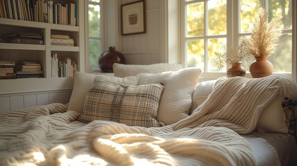 A corner of cozy bedroom or living room at home. Bedroom with window, bed, pillows, bookshelf. Very cute cozy interior design, romantic dim lighting, sun morning lighting. Browns and beiges colors - obrazy, fototapety, plakaty