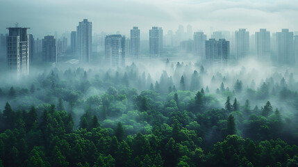 contrast between a city skyline and a nearby forest
