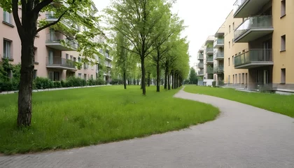 Foto auf Acrylglas Antireflex Modern residential buildings in a green area of the city. European apartment houses. Milan, Italy in the summer. And trees and grass in the walking area © Ai Creatives