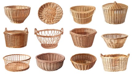 Various wicker baskets on a white background, perfect for home decor projects