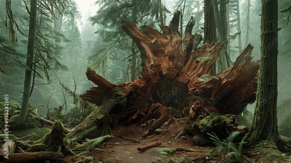 Poster A fallen tree in the middle of a forest. Suitable for nature and environmental concepts