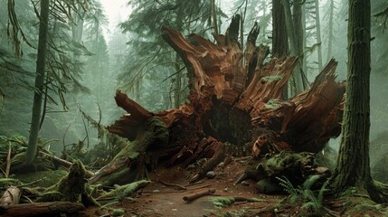 A fallen tree in the middle of a forest. Suitable for nature and environmental concepts - obrazy, fototapety, plakaty