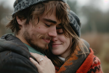 Fototapeta premium A man and woman hugging with the woman wearing a ring on her finger