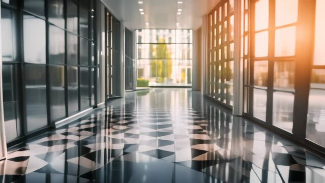 Modern office corridor with reflective floor and large windows. Corporate building interior design