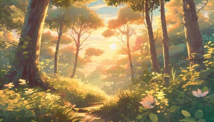 image of magical forest scene with lush greenery with anime style