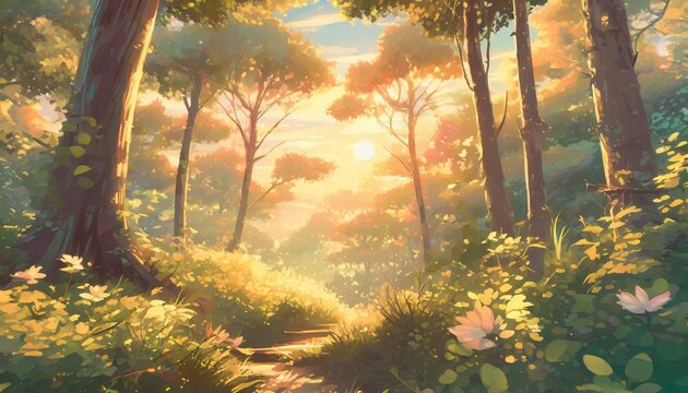 image of magical forest scene with lush greenery with anime style