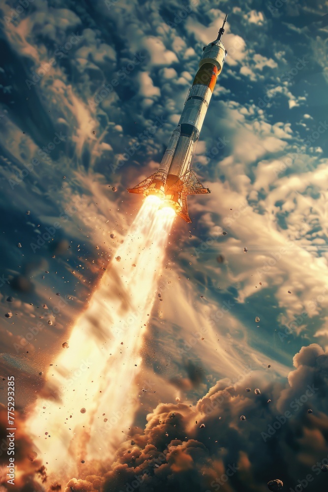 Poster A rocket flying through the air with clouds in the background. Suitable for technology and innovation concepts