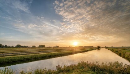 the sun sets over the dutch polder landscape near gouda holland - obrazy, fototapety, plakaty