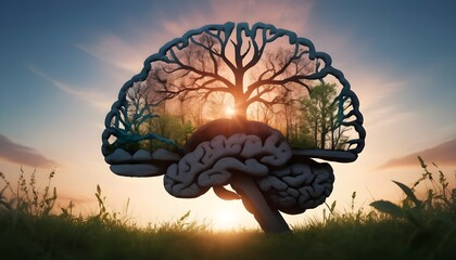 Silhouette of a brain with nature materials in front of epic background
