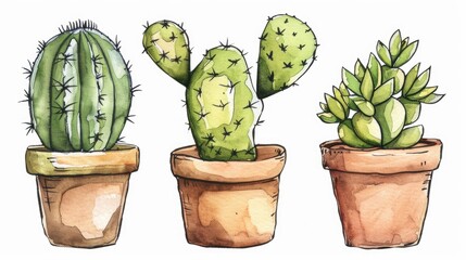A drawing of three potted cactus plants. Ideal for home decor