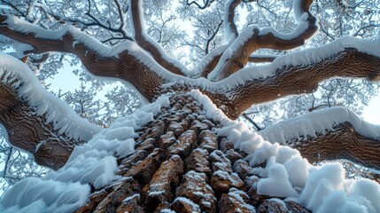   A towering snow-covered tree with heavy snowfall on its branches - obrazy, fototapety, plakaty