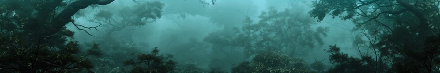 Scenic landscape of the dark gloomy hazy rainforest. Jungle long side view. Haze and fog clouds.
 - obrazy, fototapety, plakaty