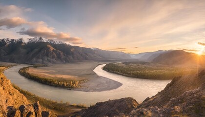 confluence of the chuya and katun rivers along the chuysky tract altai republic russia