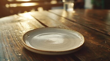A simple white plate on a rustic wooden table. Perfect for food or kitchen-related designs - obrazy, fototapety, plakaty