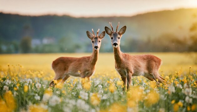 roe deer capreolus capreouls couple int rutting season staring on a field with yellow wildflowers two wild animals standing close together love concept