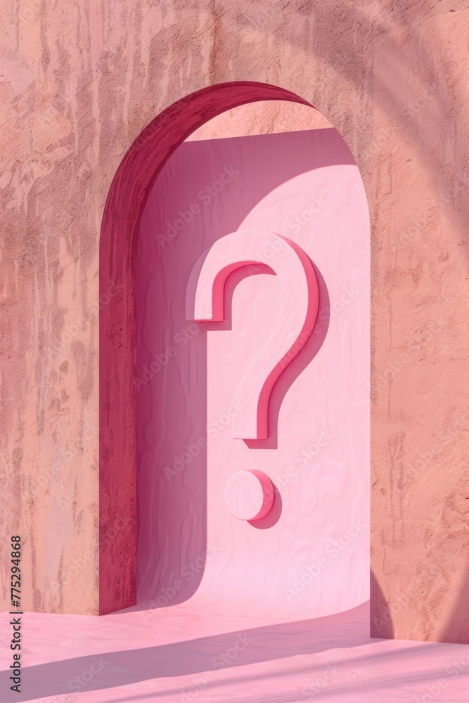 Poster a mysterious pink door with a question mark symbol on it. suitable for concept and mystery themes