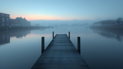   A waterfront with residential structures on either side and hazy atmospheric conditions - obrazy, fototapety, plakaty