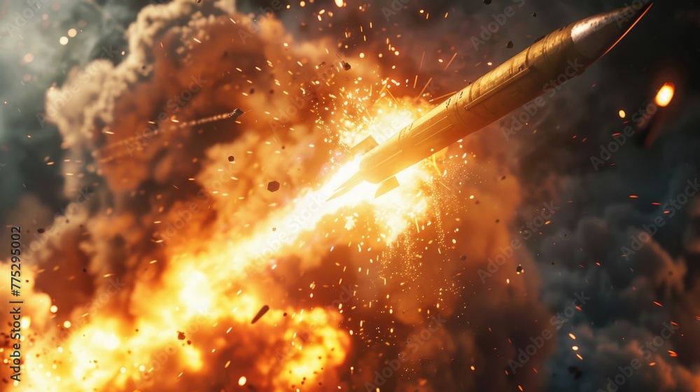 Poster rocket soaring through a cloud of smoke, ideal for technology or space-related projects