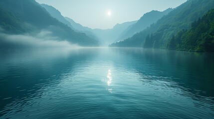   A serene lake surrounded by majestic peaks and bathed in warm sunlight - obrazy, fototapety, plakaty