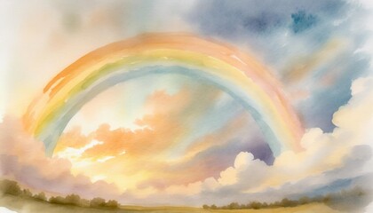 naive watercolor painting of a rainbow and clouds