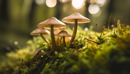 a captivating macro photograph of damp tiny mushrooms emerging from the damp forest floor with their rich earthy tones contrasting against the green moss the image showcases the intricate details an - obrazy, fototapety, plakaty