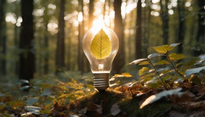 eco friendly leaf green energy light bulb in a lush forest background energy conservation icon 001 generative ai
