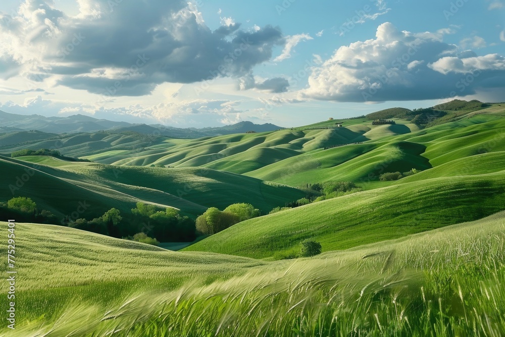 Poster a picturesque view of a green grass field with hills in the background. suitable for nature and land