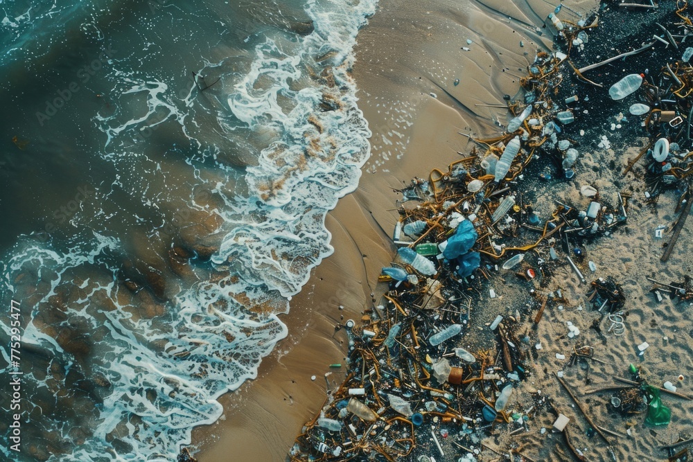 Aufkleber aerial view of a beach covered in garbage. suitable for environmental awareness campaigns