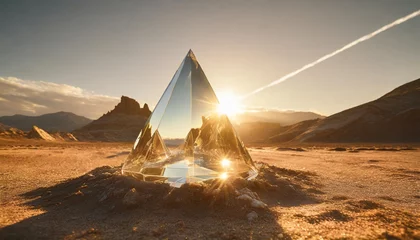 Foto op Plexiglas abstract fantasy alien glass spaceship on barren desert planet landscape crystal prism monolith sculpture sparkling in the sun © joesph