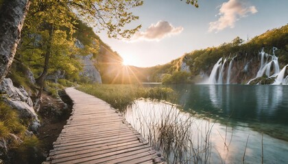 beautiful wooden path trail for nature trekking with lakes and waterfall landscape in plitvice lakes national park unesco natural world heritage and famous travel destination of croatia - obrazy, fototapety, plakaty