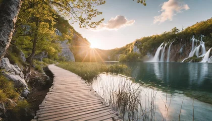 Fotobehang beautiful wooden path trail for nature trekking with lakes and waterfall landscape in plitvice lakes national park unesco natural world heritage and famous travel destination of croatia © joesph