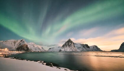 aurora borealis lofoten islands norway nothen light mountains and frozen ocean winter landscape at the night time norway travel image - obrazy, fototapety, plakaty