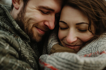 A man and a woman are hugging each other and smiling - obrazy, fototapety, plakaty