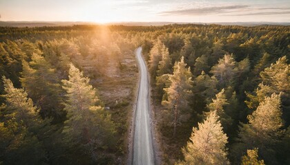 aerial view of small road in the pine forest